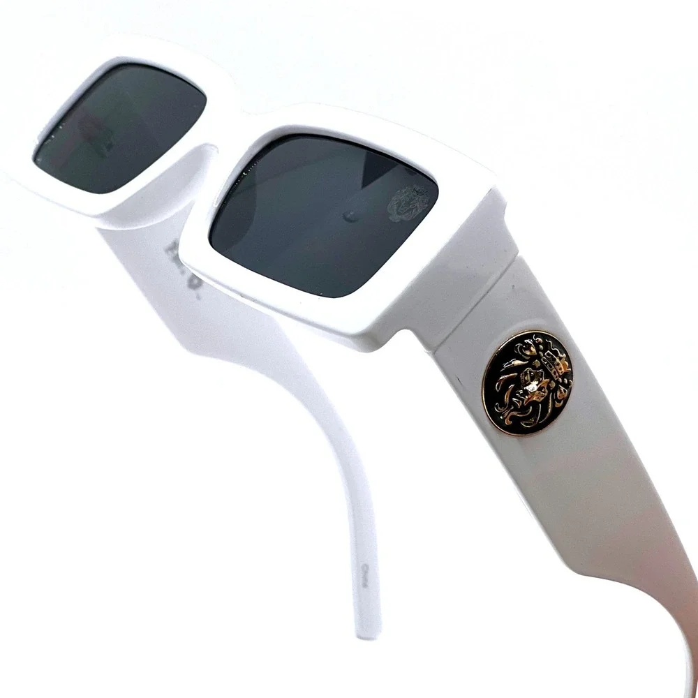 Square Men Sunglasses White Frame Black Lens Gold 100% UV Protection Street Wear